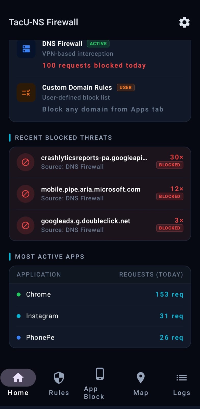 Tacuns VPN Firewall & Blocker — Recent Blocked Threats